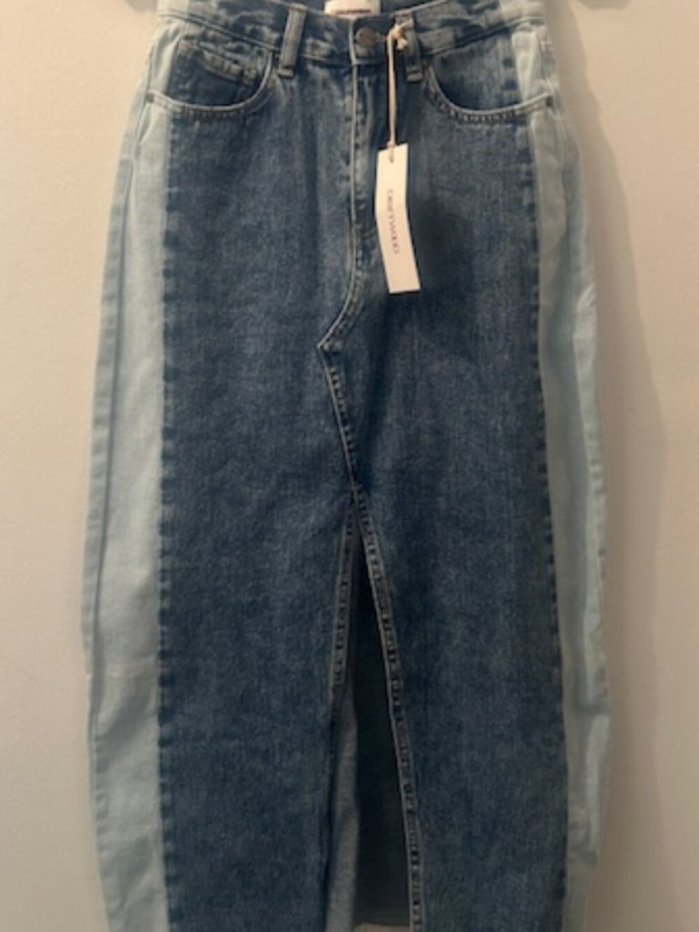 Free People Driftwood Sara Denim Two Toned Blue Straight Slit Hem Midi Skirt NWT